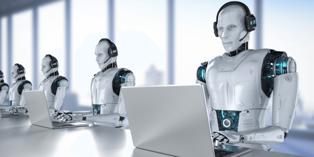 Robots sat in front of laptops at a table. Each have headsets depicting a customer service job.