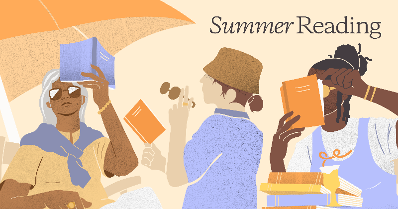 Three characters reading books with the title "Summer Reading"